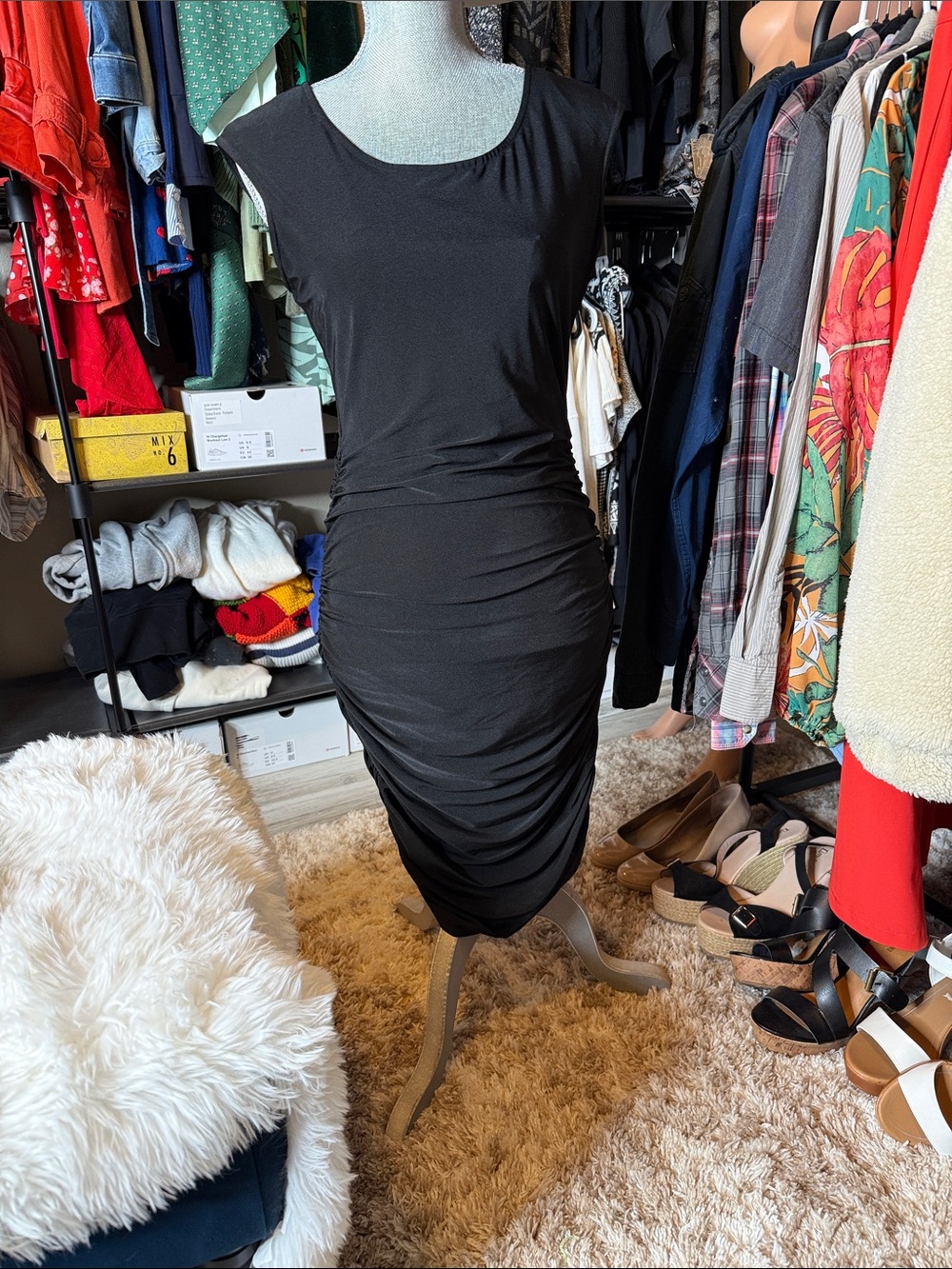 Jennifer Lopez Black Ruched Midi Dress